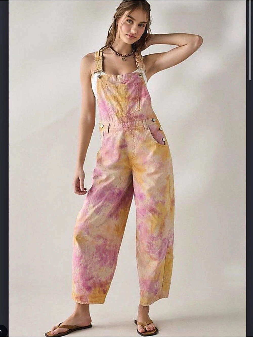 BDG Tie-Dye Cotton Overalls in Pink & Yellow Size Large